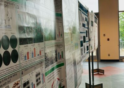 Affiches scientifiques installées sur des panneaux d’exposition